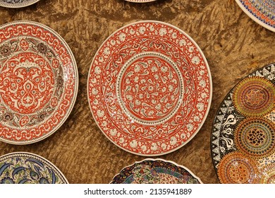 CAPPADOCIA, TURKEY - JUN 4, 2014 - Brightly colored porcelain dishes from pottery factory in Avanos, Cappadocia,  Turkey