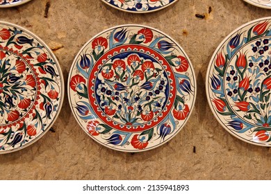 CAPPADOCIA, TURKEY - JUN 4, 2014 - Brightly colored porcelain dishes from pottery factory in Avanos, Cappadocia,  Turkey