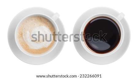 cappuccino and black espresso coffe cup top view isolated