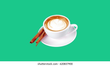 Cappuccino And Cinnamon Isolated, Cut Ready To Make Banners And Advertising. A Cup Of Latte, Cappuccino Or Espresso Coffee With Milk On Green Screen. Drawing The Tulips Foam Milk On Top.