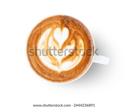 Cappuccino coffee in white mug isolated on white background with clipping path, top view, flat lay.