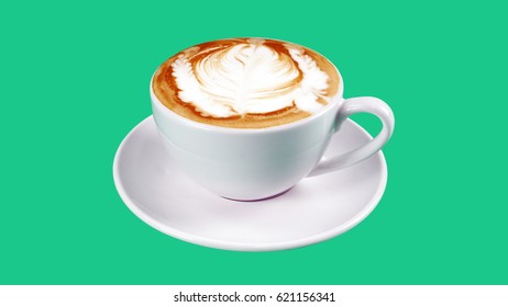 Cappuccino. Cut Ready To Design Banners And Advertising. A Cup Of Latte, Cappuccino Or Espresso Coffee With Milk Put On Green Screen. Latte Art Milk On Top With Flowers