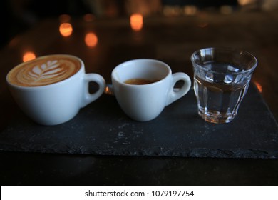 Cappuccino Espresso And Club Soda On A Handcrafted Plate