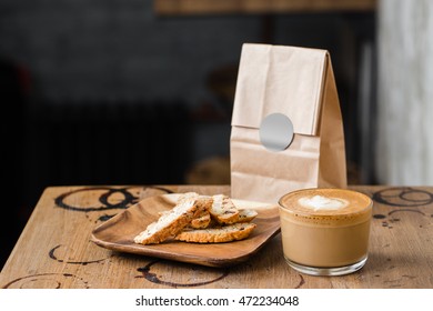cappuccino flatwhite coffee with nut cookies on table