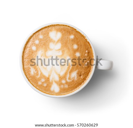 Cappuccino with frothy foam, coffee cup top view closeup on white wood background. Cafe and bar, barista art concept.