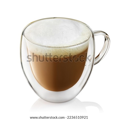 cappuccino in glass cup with double bottom isolated on white background