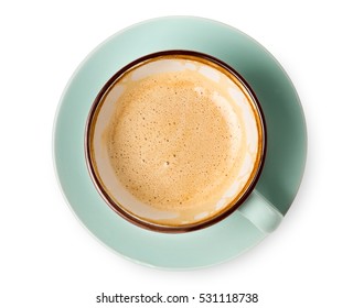 Cappuccino or latte with frothy foam, blue coffee cup top view closeup isolated on white background. Cafe and bar, barista art concept. - Shutterstock ID 531118738