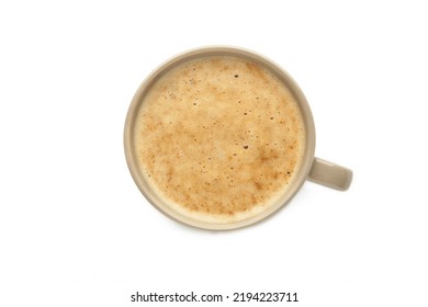 Cappuccino or latte isolated on white background. Cafe and bar, barista art concept. Top view