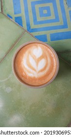 Cappuccino On A Porcelain Mug With Flower Latte Art For Breakfast Menu Set