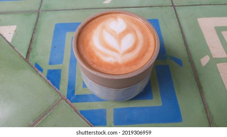 Cappuccino On A Porcelain Mug With Flower Latte Art For Breakfast Menu Set