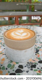 Cappuccino On A Porcelain Mug With Flower Latte Art For Breakfast Menu Set