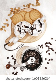 Cappuccino With Whipped Cream, Homemade Shortbread Cookies And Manual Coffee Grinder.