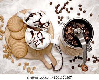 Cappuccino With Whipped Cream, Homemade Shortbread Cookies And Manual Coffee Grinder.