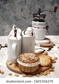 Cappuccino With Whipped Cream, Homemade Shortbread Cookies And Manual Coffee Grinder.