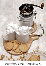 Cappuccino With Whipped Cream, Homemade Shortbread Cookies And Manual Coffee Grinder.