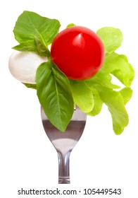 Caprese Salad On A Fork Isolated On White