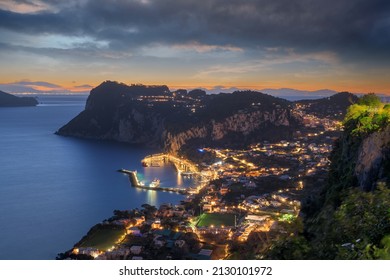 Capri, Italy Aerial View With Marina Grande At Dusk.