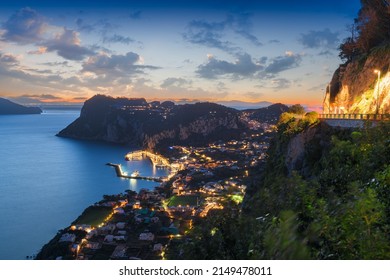 Capri, Italy Aerial View With Marina Grande At Dusk.