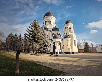 Capriana Monastery outdoors view. Traditional Christian Orthodox church located in Republic of Moldova. Eastern Europe basilica traditional architectural style