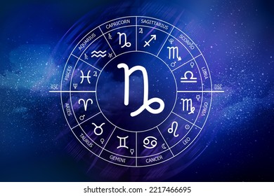 Capricorn zodiac sign. Abstract night sky background. Capricorn icon on blue space background. Zodiac circle on a dark blue background of the space. Astrology. Cosmogram. twelve signs of the zodiac