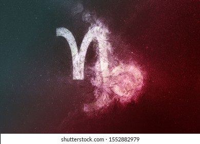 Capricorn Zodiac Sign White Red. Night sky Abstract background