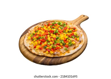 Capsicum trio pizza isolated on wooden cutting board on plain white background side view of fastfood