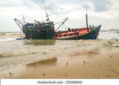 Capsized Boat  On The Beach For Wind Storm