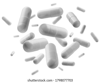 Capsules with the drug levitate on a white background