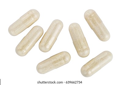 Capsules of glucosamine chondroitin, healthy supplement pills isolated on white background, top view.