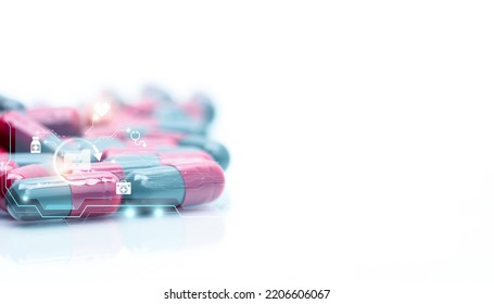 Capsules Pills With Medical And Healthcare Icons. Hospital Care And Health Insurance Service. Pharmaceutical Technology. Pharmaceutical Care. Inpatient And Outpatient Medication Costs. Telepharmacy.