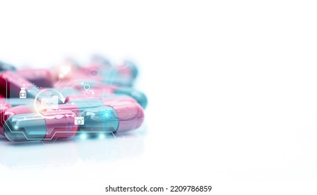 Capsules Pills With Medical And Healthcare Icons. Hospital Care And Health Insurance Service. Pharmaceutical Technology. Pharmaceutical Care. Drug Research And Development. Pharmaceutical Science.