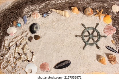 Captains Wheel With Fishing Net And Sea Shells Nautical Theme Background