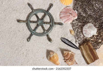 Captains Wheel With Fishing Net And Sea Shells Nautical Theme Background