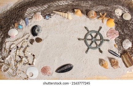 Captains Wheel With Fishing Net And Sea Shells Nautical Theme Background