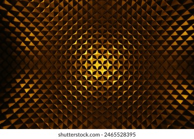 Captivating abstract architectural drawings featuring silver metal ceilings with intricate pyramid or spike patterns, rendered in stunning 3D rendering in yellow lighting for a striking visual effect. - Powered by Shutterstock