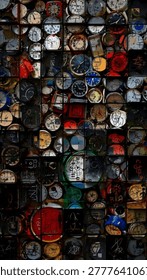 A captivating abstract collage composed of countless vintage clocks and fragmented timepieces arranged in a structured grid pattern. The artwork combines chaotic sketches, layered markings, and vibrant accents of red, blue, yellow, and green against dark tones, creating a visually intense and thought-provoking atmosphere. Each clock face appears worn and distorted, symbolizing the passage of time, memory, and human complexity. The fusion of mechanical elements with expressive artistic details gives the piece a surreal industrial aesthetic filled with depth, motion, and storytelling.
