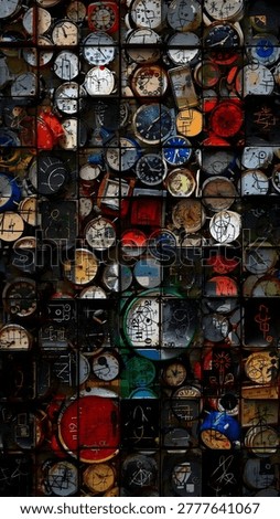 A captivating abstract collage composed of countless vintage clocks and fragmented timepieces arranged in a structured grid pattern. The artwork combines chaotic sketches, layered markings, and vibrant accents of red, blue, yellow, and green against dark tones, creating a visually intense and thought-provoking atmosphere. Each clock face appears worn and distorted, symbolizing the passage of time, memory, and human complexity. The fusion of mechanical elements with expressive artistic details gives the piece a surreal industrial aesthetic filled with depth, motion, and storytelling.
