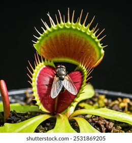 A captivating close-up photograph of a Venus flytrap (Dionaea muscipula) in action, capturing the precise moment it snares an unsuspecting fly. This stunning macro image showcases nature's intricate 