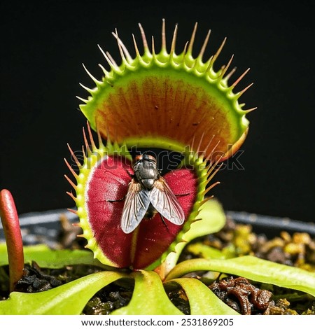 A captivating close-up photograph of a Venus flytrap (Dionaea muscipula) in action, capturing the precise moment it snares an unsuspecting fly. This stunning macro image showcases nature's intricate 