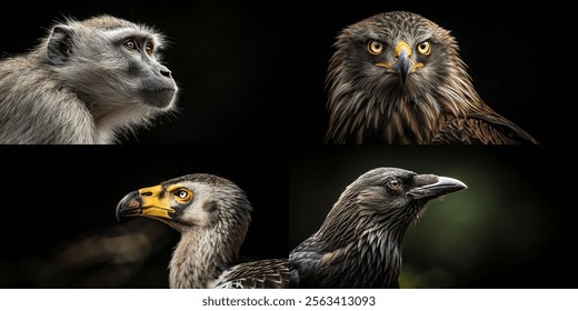 A captivating collage of a monkey, eagle, and raven, showcasing the beauty of wildlife diversity.