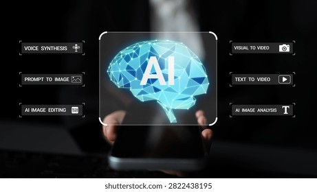 A captivating display of artificial intelligence tools on a smartphone, showcasing modern technology, innovation, and professional development in a dynamic workspace setting.