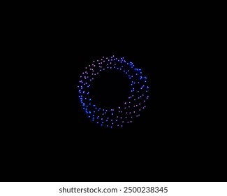 A captivating drone light show forms a mesmerizing circular pattern in the night sky. Hundreds of drones illuminate the darkness with a gradient of vibrant blue and purple lights, creating a scene.