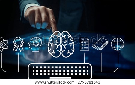 A captivating illustration depicting the intersection of technology and human intellect, showcasing a brain encircled by digital interface elements promoting innovation and research.