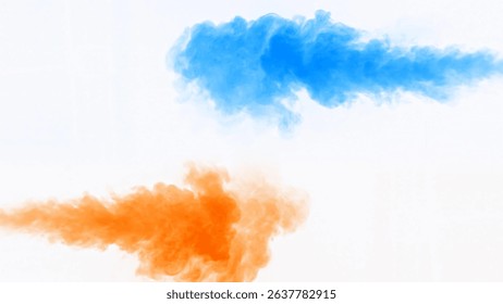 A captivating image of blue and orange smoke plumes colliding against a white background, creating a dynamic and vibrant visual effect.