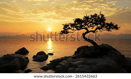 A captivating image showcasing a bonsai tree's silhouette dramatically positioned against a breathtaking sunset. The tree perched on a rocky outcrop, stands as a symbol of tranquility and resilience.