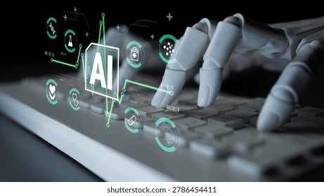 A captivating image showcasing robotic hands typing on a keyboard with AI icons illuminating in the background, symbolizing the integration of artificial intelligence in technology.