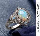 A captivating image showcasing the timeless elegance of an opal ring. The ring features a stunning opal gemstone, its ethereal play of colors mesmerizing to behold. Set against a dark, slate gray back
