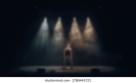 A captivating image of a stage performance, featuring a silhouette under vibrant spotlights. The scene is set in a dark environment, highlighting the performer.