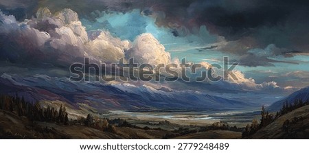 A captivating landscape painting featuring dramatic stormy clouds, rolling hills, and a sense of foreboding beauty in nature.