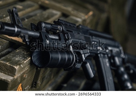 captivating lowangle shot emphasizing intricate firearm components and textured polymer grip details